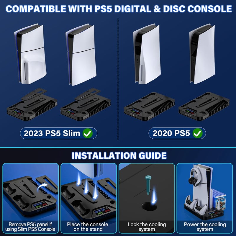RJAD PS5 / PS5 Slim Cooling Station with Controller Charging Station for PlayStation 5 Console Disc/Digital, Cooling Stand for PlayStation 5 Slim with Cooler Fan Accessories with 3 USB Hubs/Headset Holder - Image 5